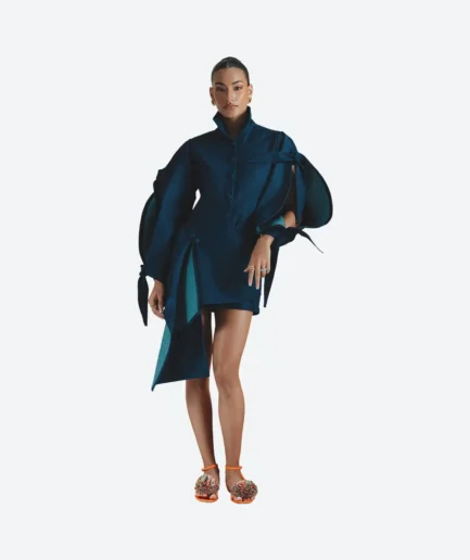 Product look front view of the Felix Matos Zarcillo Dress featuring a deep blue structured mini dress with sculptural sleeves and asymmetrical panel detailing.