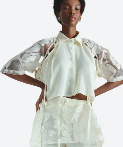 Detail view of the Felix Matos Alba Top showing the ivory cropped blouse, button closure, sheer floral sleeves and tie details.