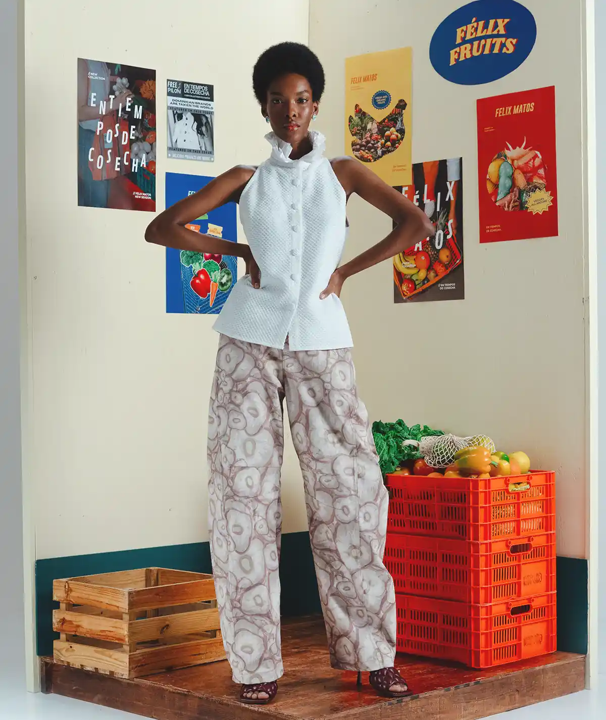 Savia Top & Allium Pant – Editorial Product Front View Editorial front view of the Felix Matos Savia Top and Allium Pant, showing the white sleeveless top and printed wide-leg pants.