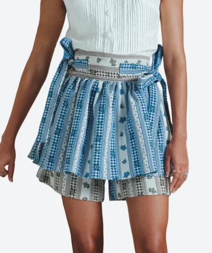 Product detail view of the Felix Matos Surco Skort Pants featuring blue striped layered panels, floral motifs and a structured waistband.