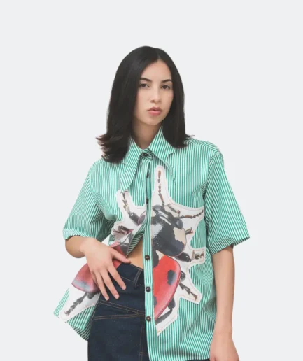 Product detail view from the Felix Matos Commune Collection featuring a green striped shirt with a large illustrated bug appliqué.