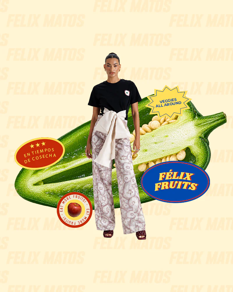 Felix Matos account popup image featuring a model in the Allium Pants and Ajo T-Shirt outfit with In Harvest Season campaign artwork.