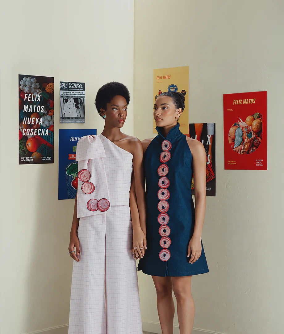 Felix Matos In Harvest Season slider image featuring two models in statement looks from the collection.